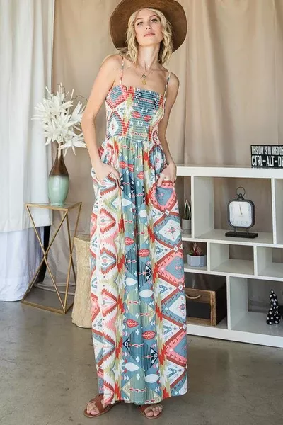 Smocked Aztec Print Jumpsuit