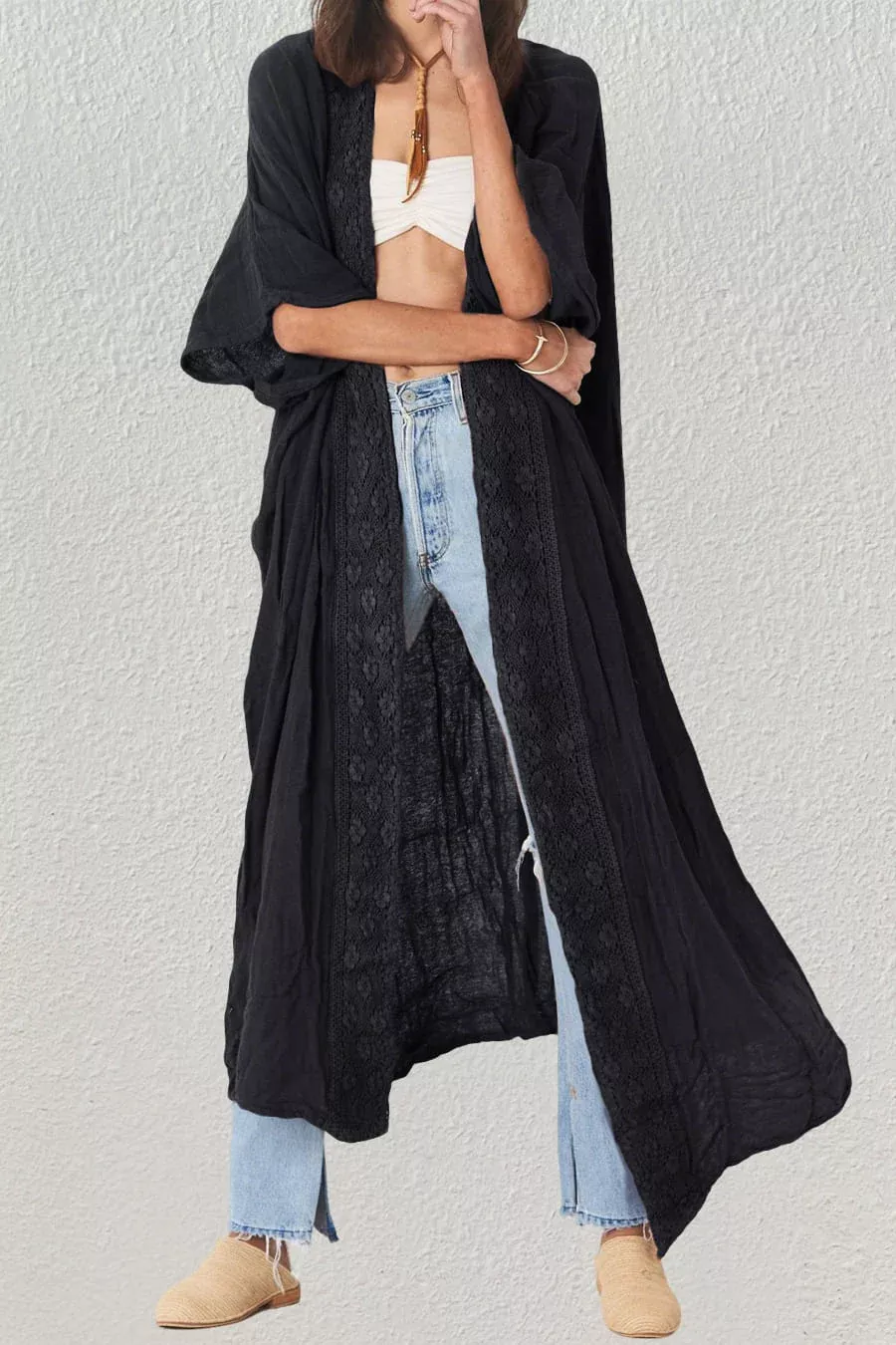 Solid Embroidery Half Sleeve Flowy Kimono Cardigan