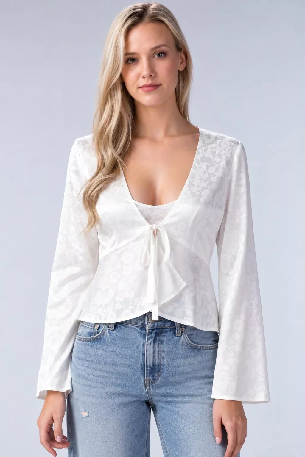 Stardust White Satin Long Sleeve Peplum Top | Boho Pink