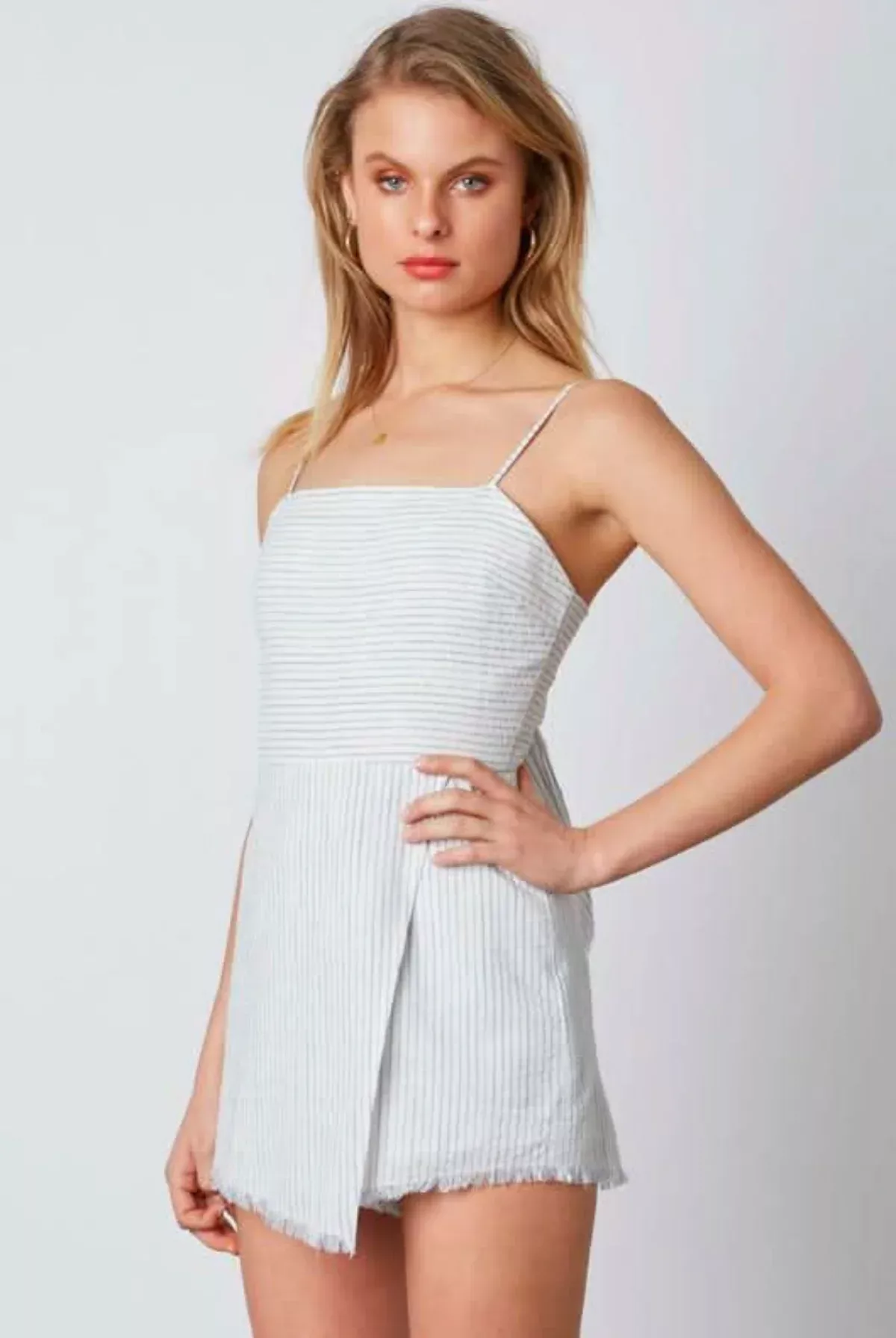 Stephanie Chambray Blue Striped Tie-Back Romper | Boho Pink