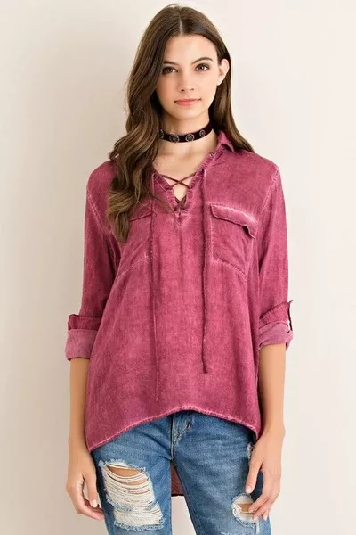 Stressed Wine Long Sleeve Blouse
