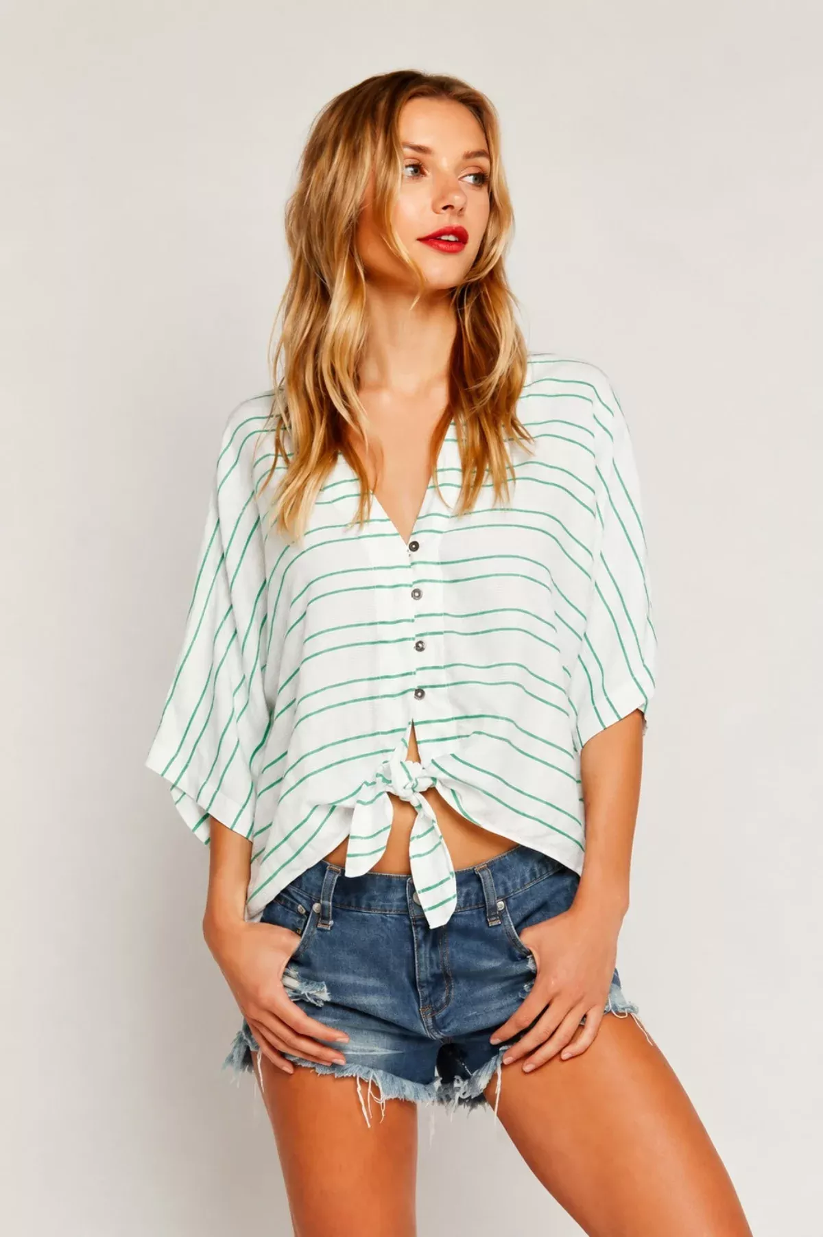 Succulent White and Green Embroidered Tie-Front Top | Boho Pink