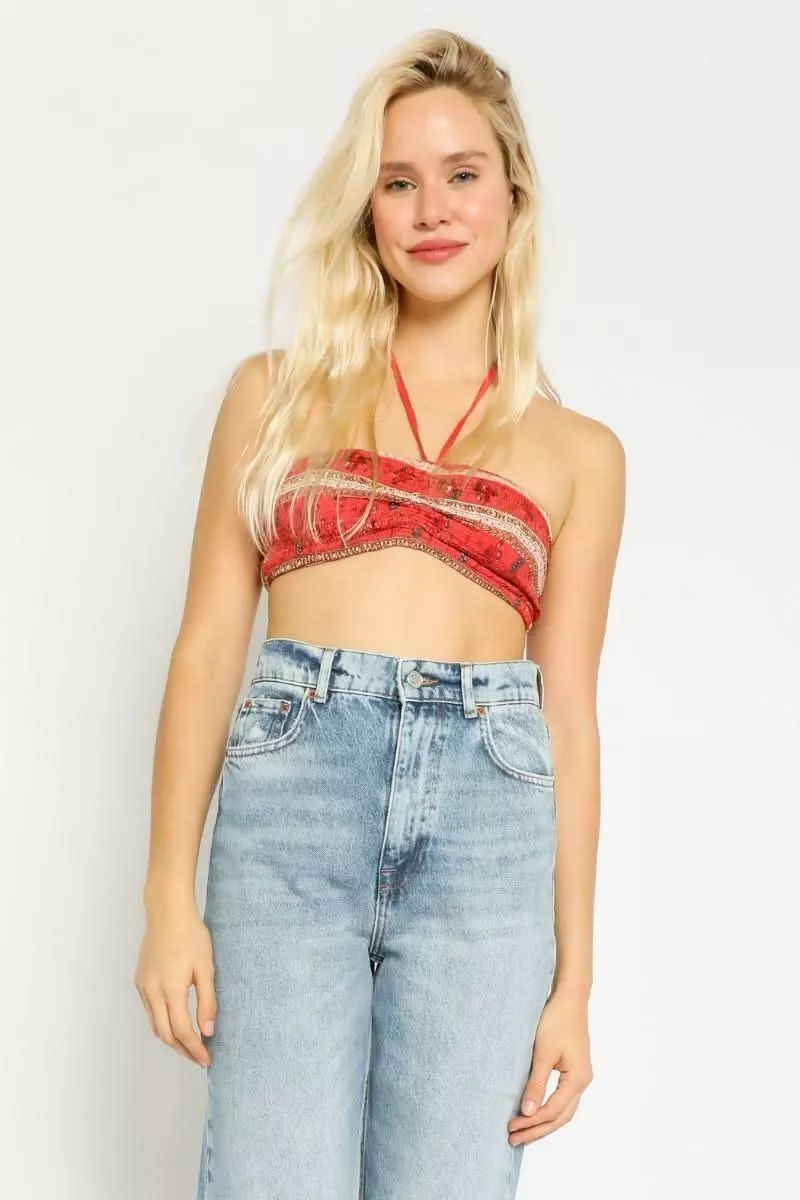 Summer Dreaming Red Floral Smocked Halter Crop Top | Boho Pink