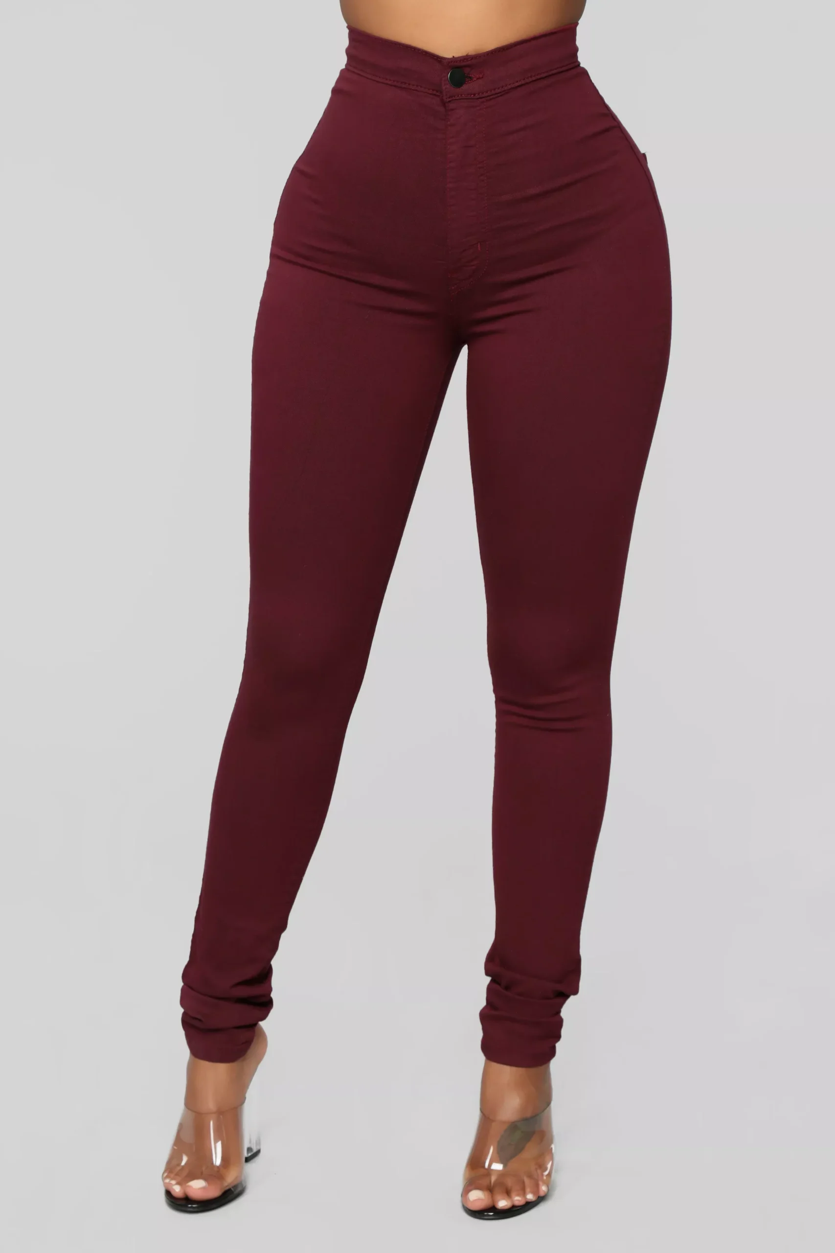 Super High Waist Denim Skinnies - Burgundy