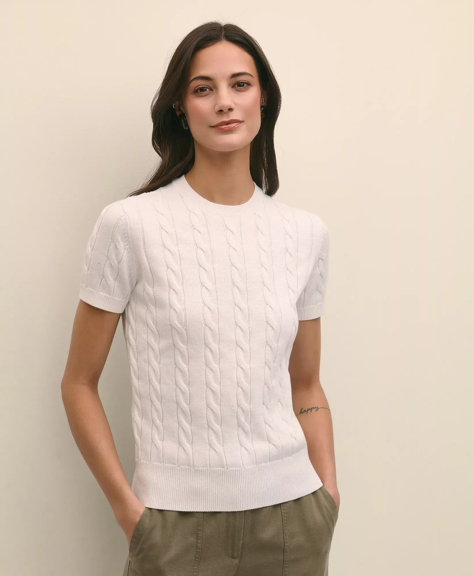 Supima Cotton Cable Short-Sleeve Sweater Shell