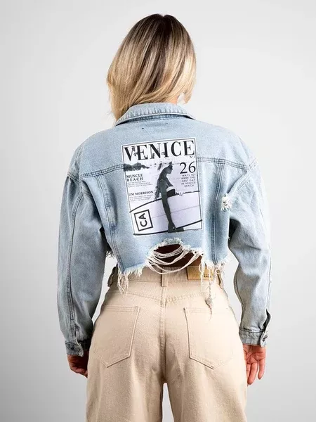 "SURFER GIRL VENICE BEACH" Crop Denim Jacket