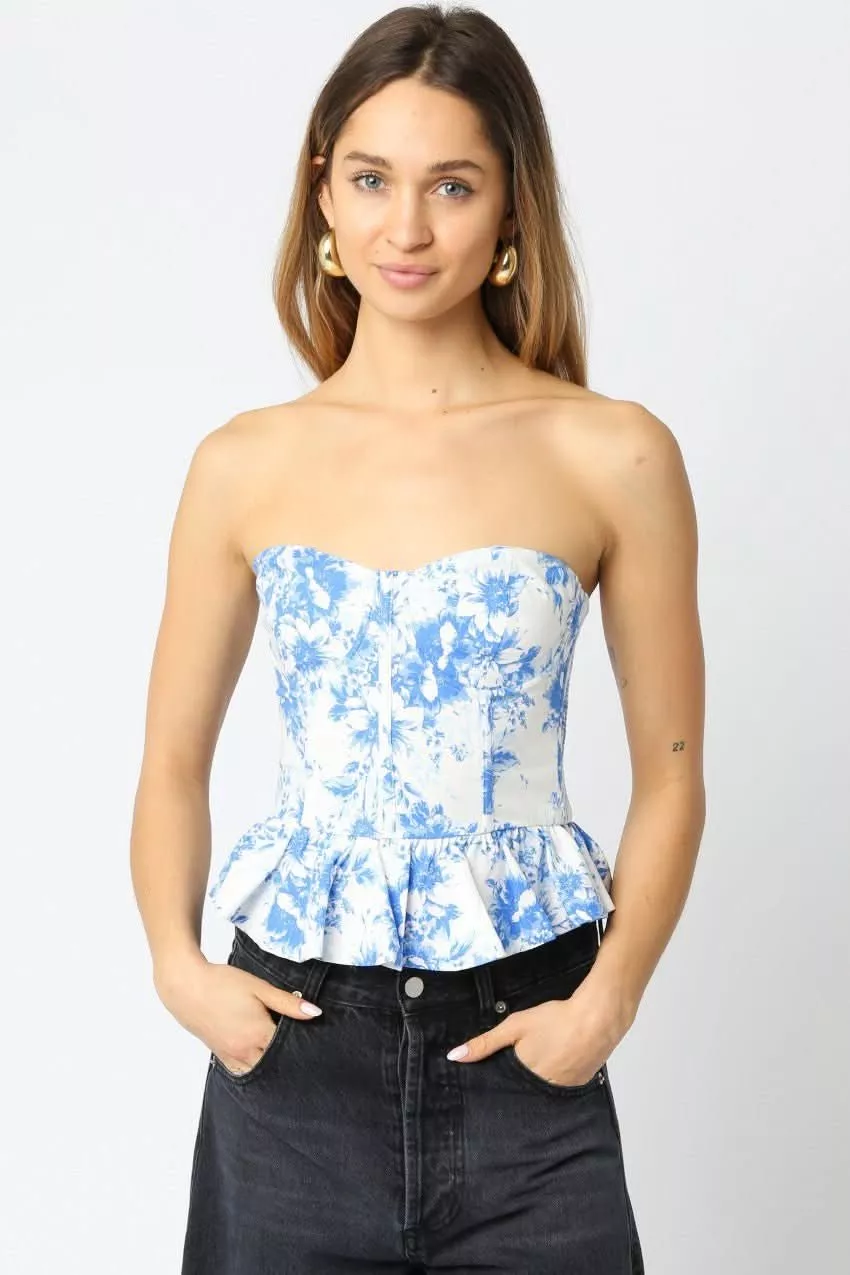 Sutton White and Blue Floral Bustier Top | Boho Pink