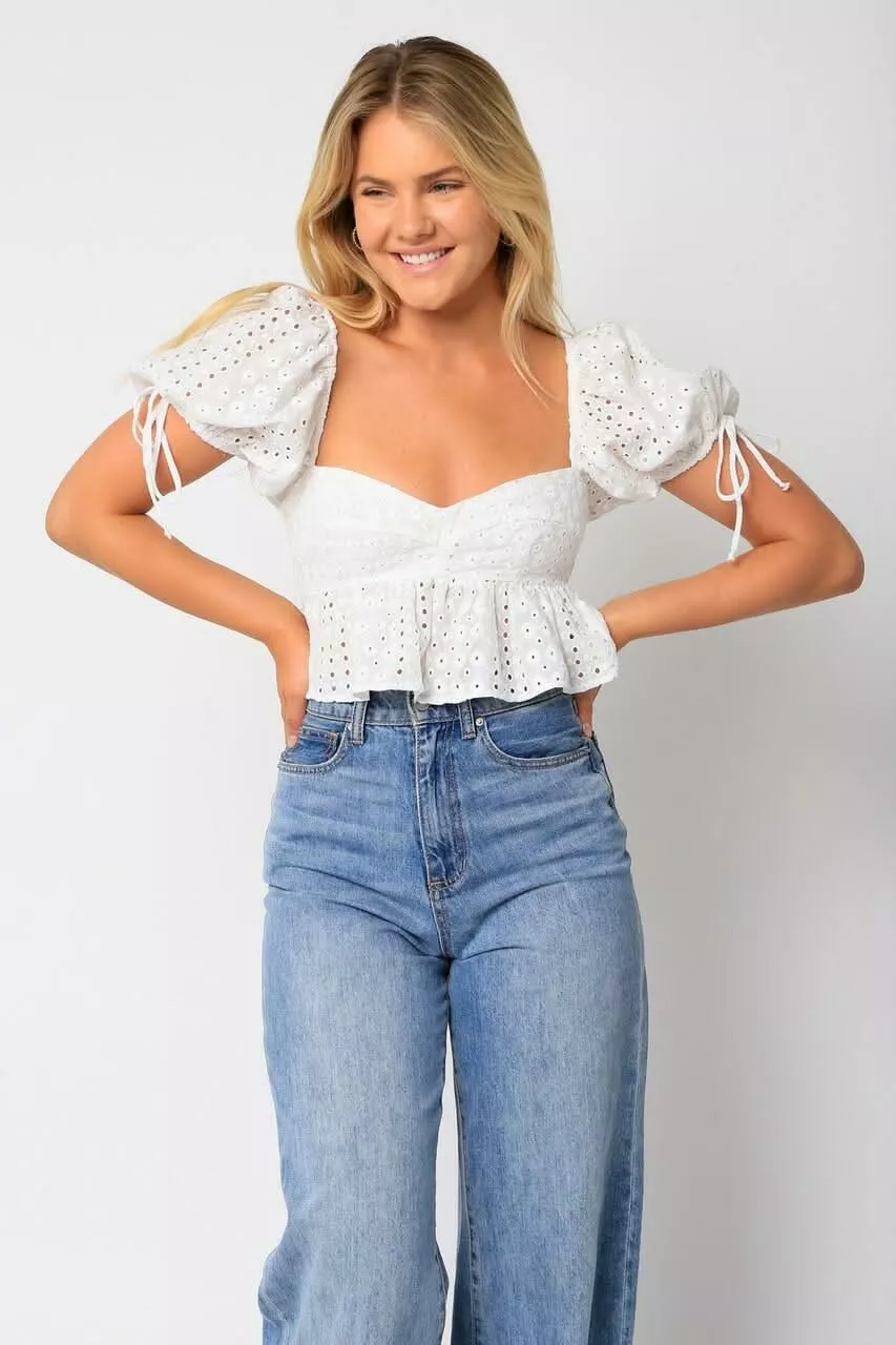 Sweet Blooms White Eyelet Short Sleeve Babydoll Crop Top | Boho Pink