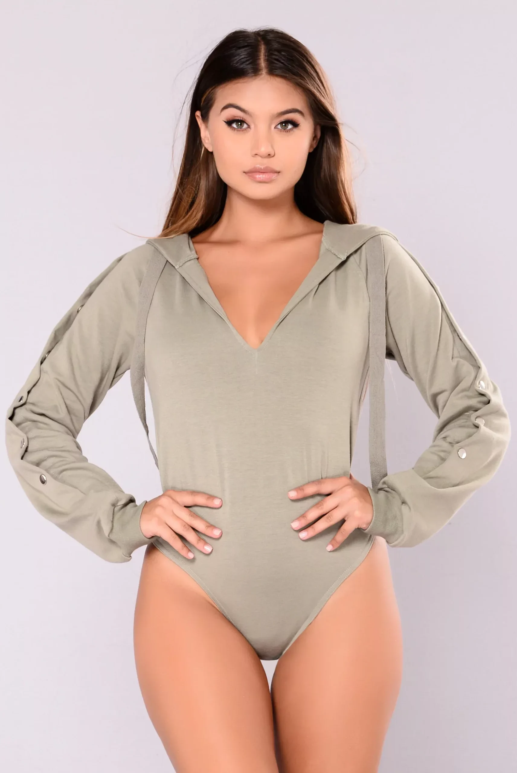 Sydney V Neck Hoodie Sweatshirt Bodysuit - Olive