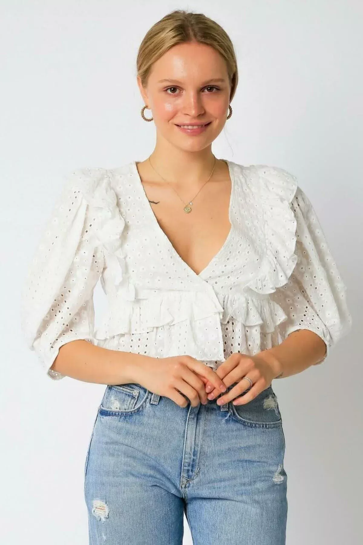 Take Me With You White Eyelet Puff Sleeve Top | Boho Pink