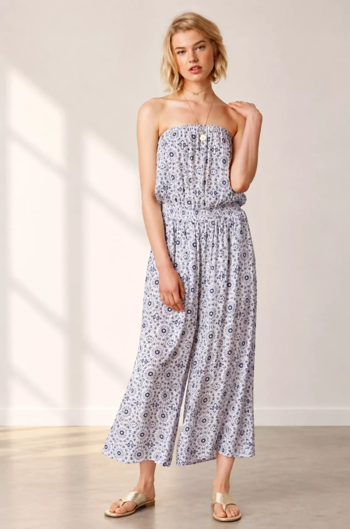 Talula Medallion Print Strapless Culotte Jumpsuit | Boho Pink