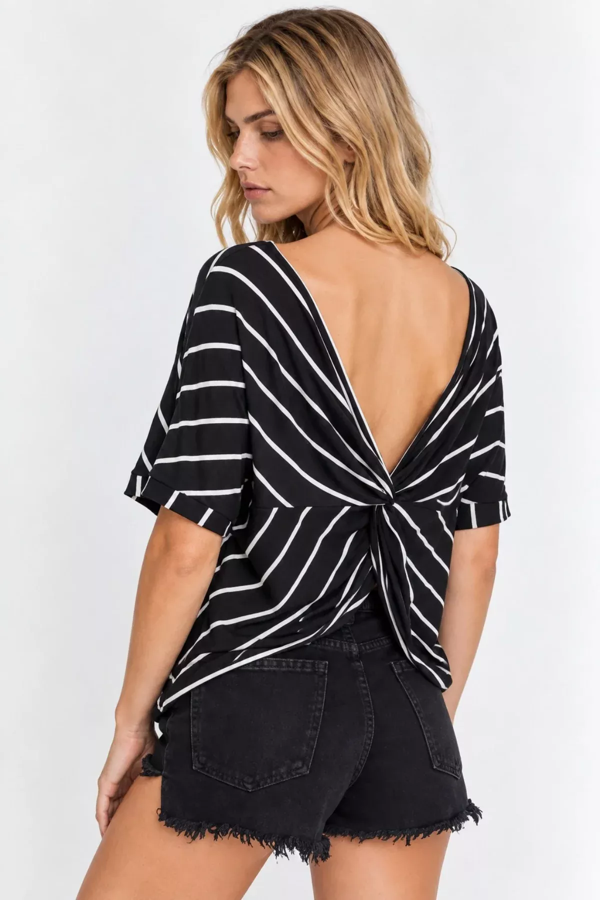 Tammy Black and Ivory Striped Twisted Back Tee | Boho Pink