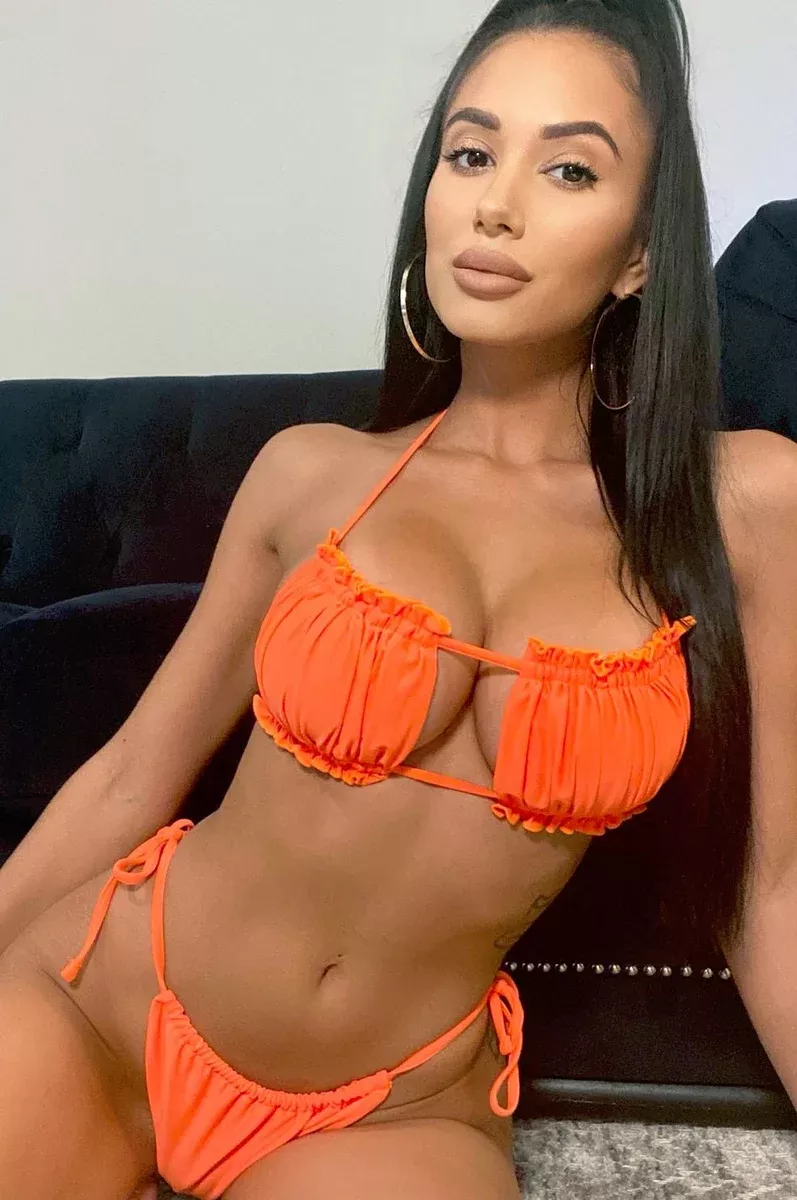 Tangerine Ruched Bust Frill Padded Bandeau Bikini