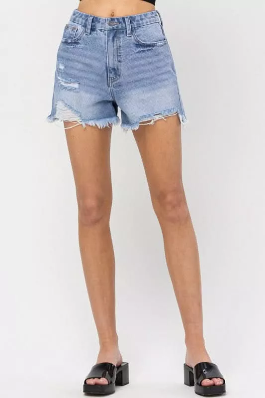 Tara Medium Wash High-Rise Distressed Denim Shorts | Boho Pink