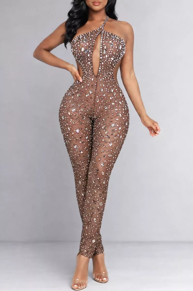 Taupe Mesh Silver Rhinestone Cut Out Jumpsuit