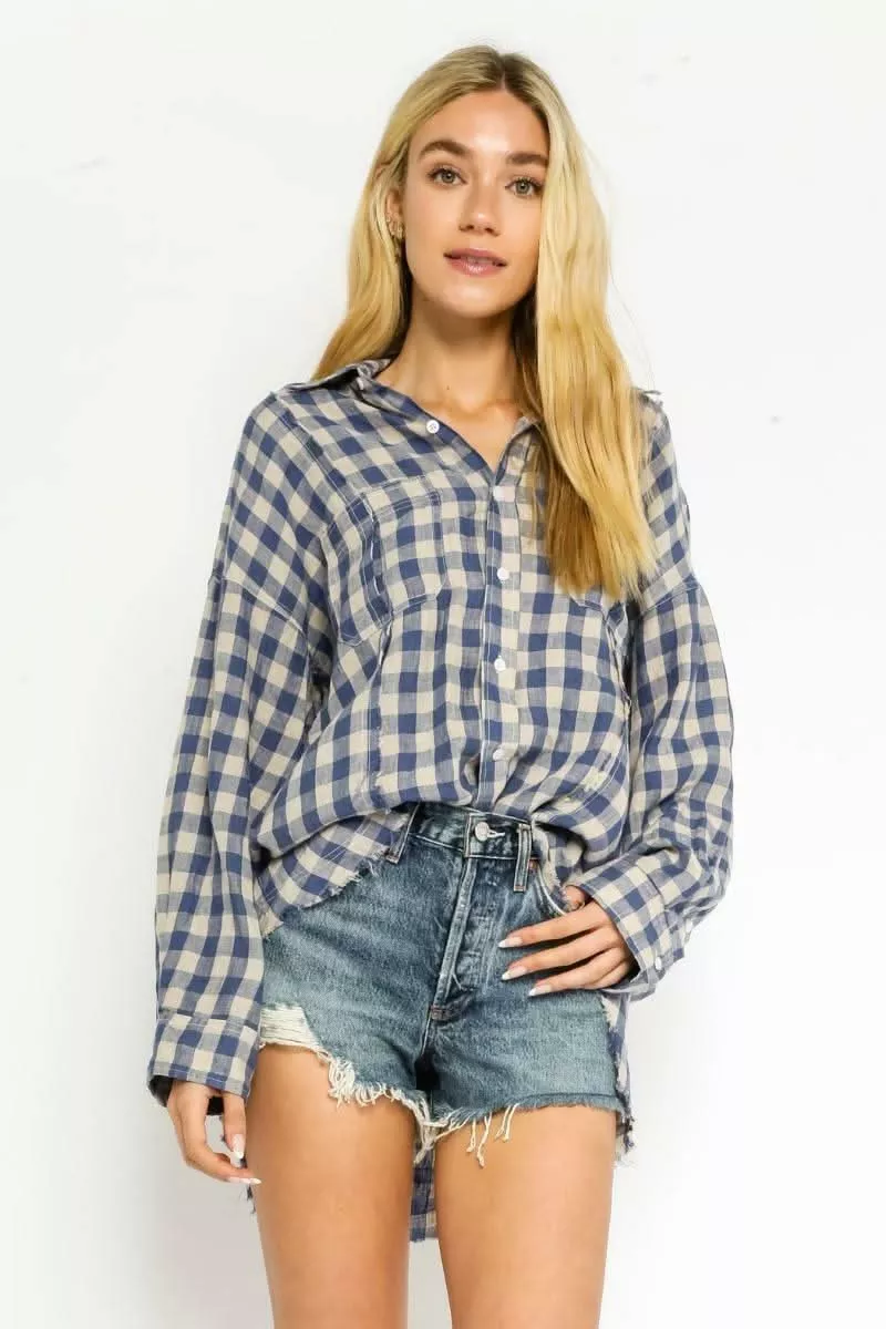 Taylor Blue Gingham Long Sleeve Button-Up Top | Boho Pink