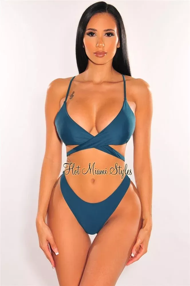 Teal Padded Crochet Spaghetti Straps Wrap Around Bikini