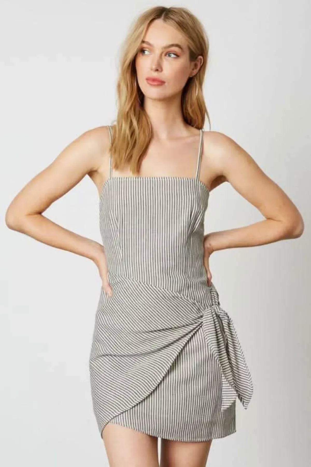 Tina Cream and Black Striped Side Tie Mini Dress | Boho Pink