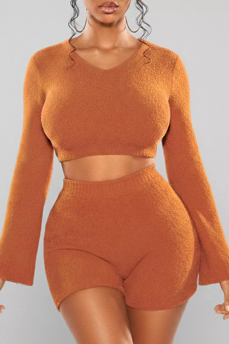 Toffee Bouclé Bell Sleeves Shorts Two Piece Set
