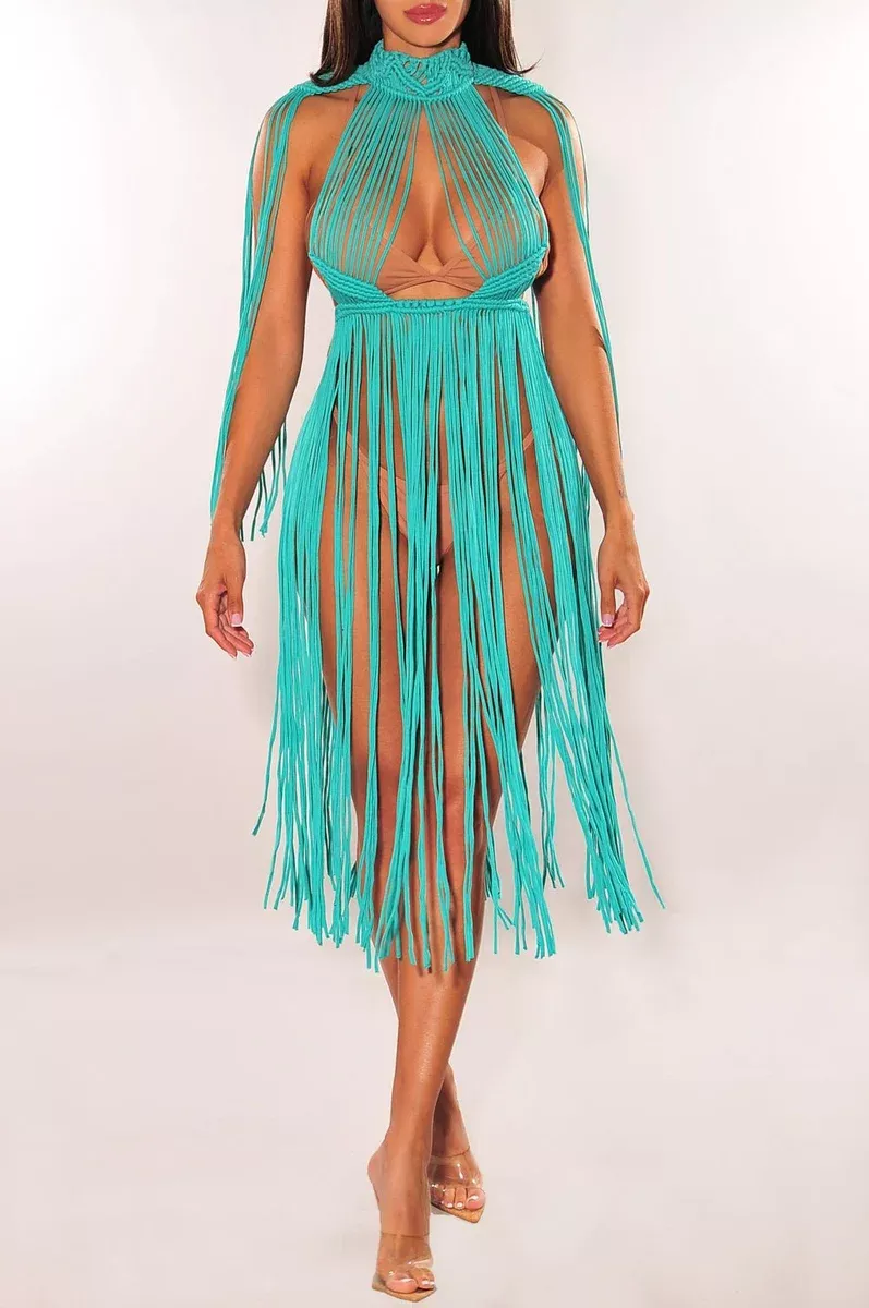 Turquoise Crochet Cape Sleeves Fringe Cover Up Dress