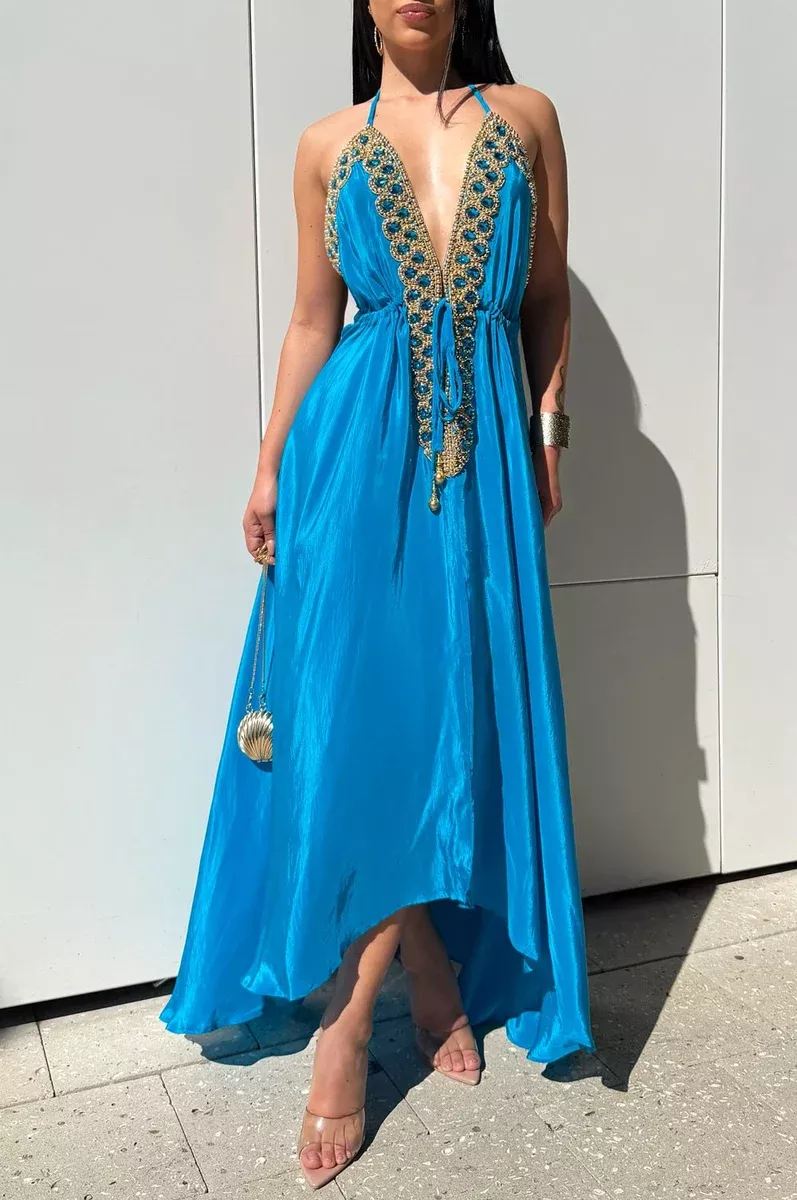 Turquoise Gold Jeweled Drawstring Halter Maxi Dress