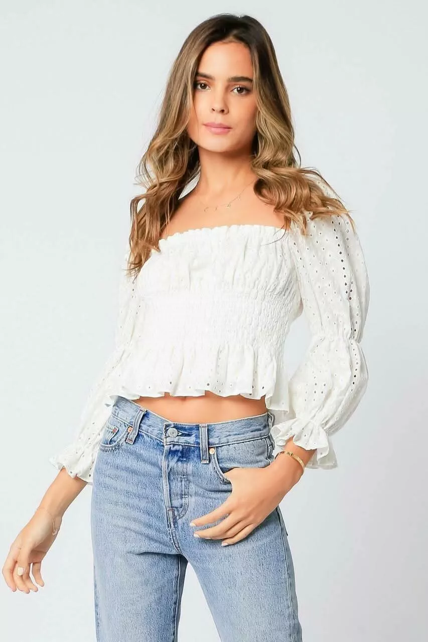Tyler White Eyelet Puff Sleeve Top | Boho Pink