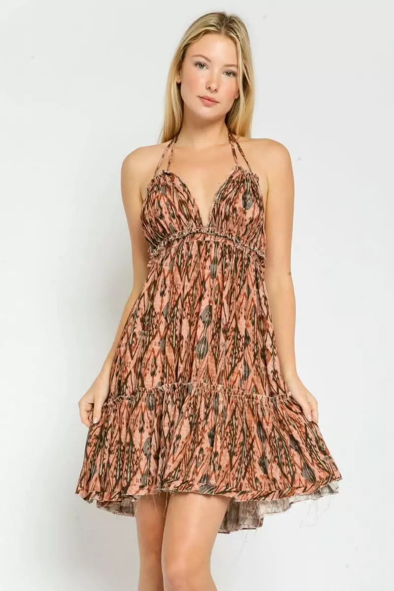 Under The Sun Rust Retro Print Halter Mini Dress | Boho Pink