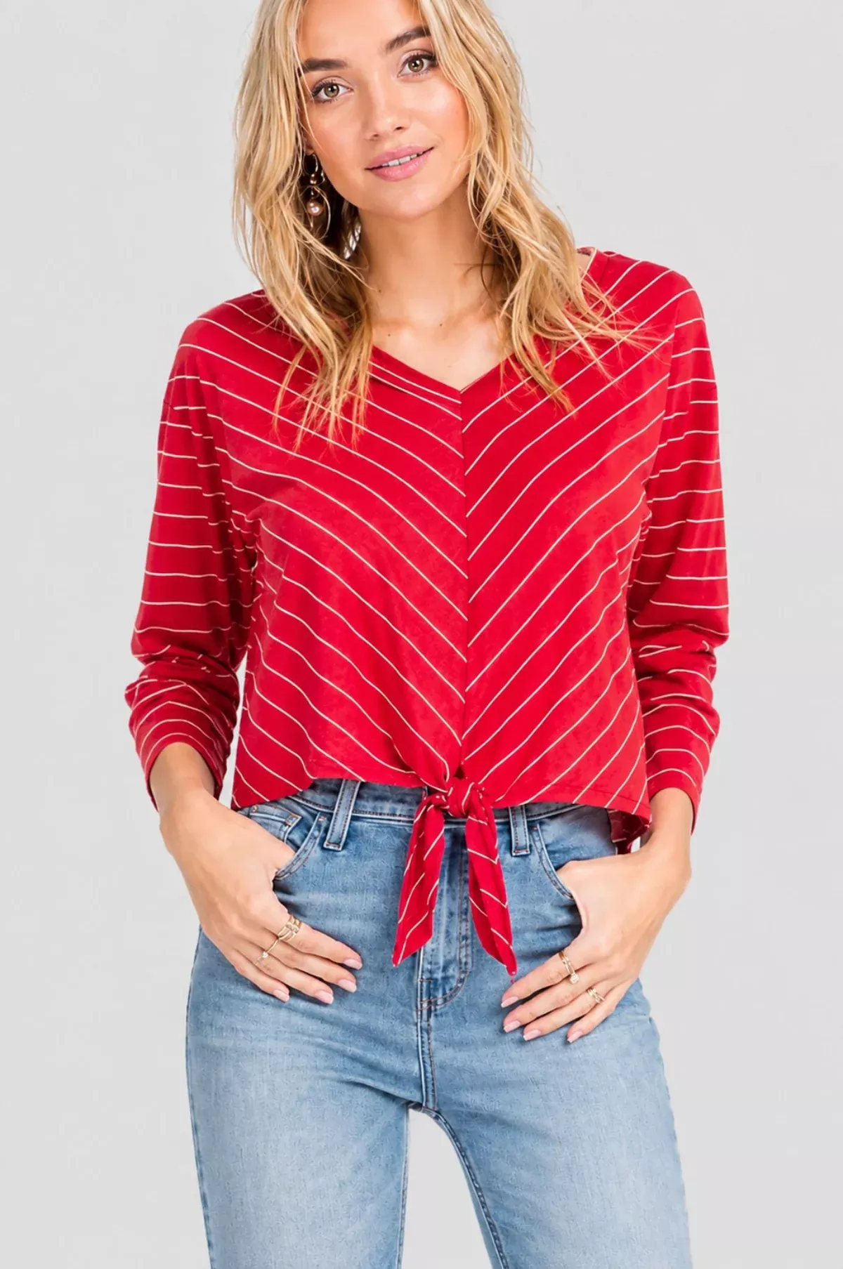 Up-to-the-Minute Red Chevron Stripe Tie-Front Top. | Boho Pink