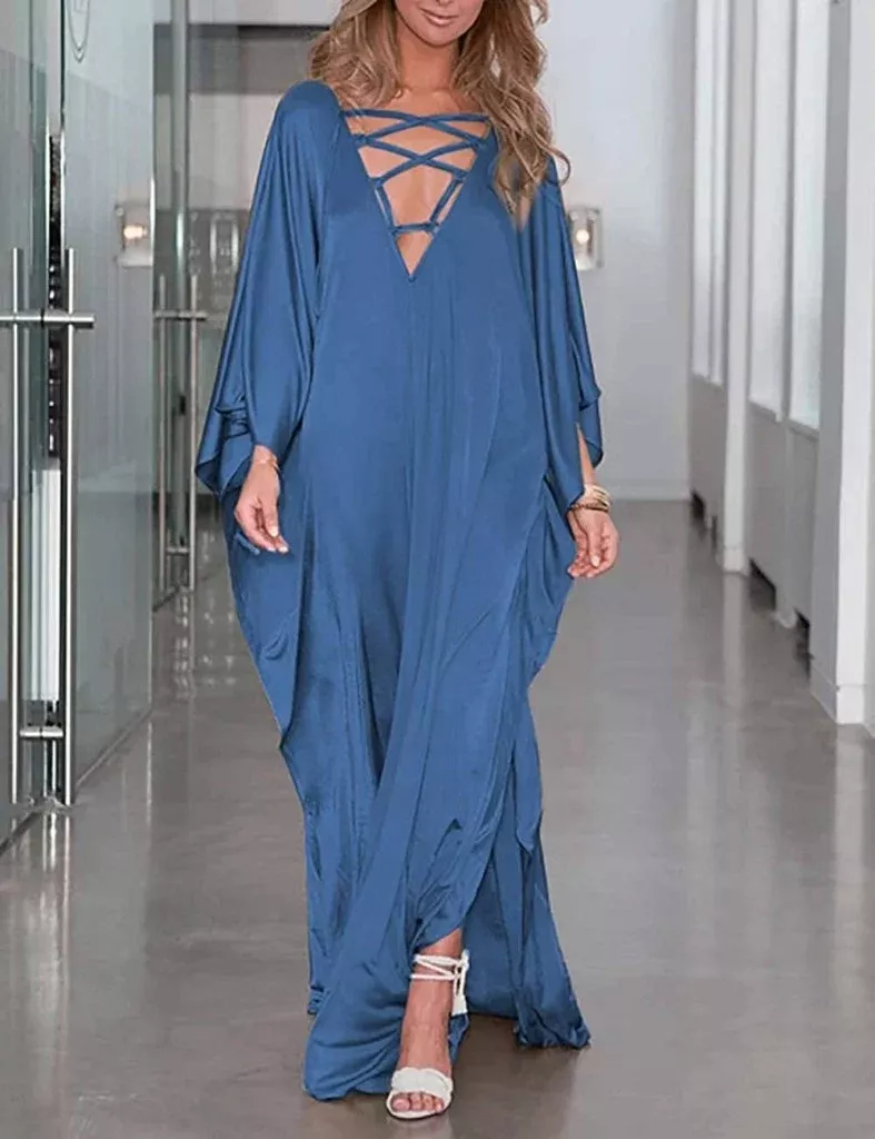 V Neck Batwing Sleeve Kaftan Satin Dress