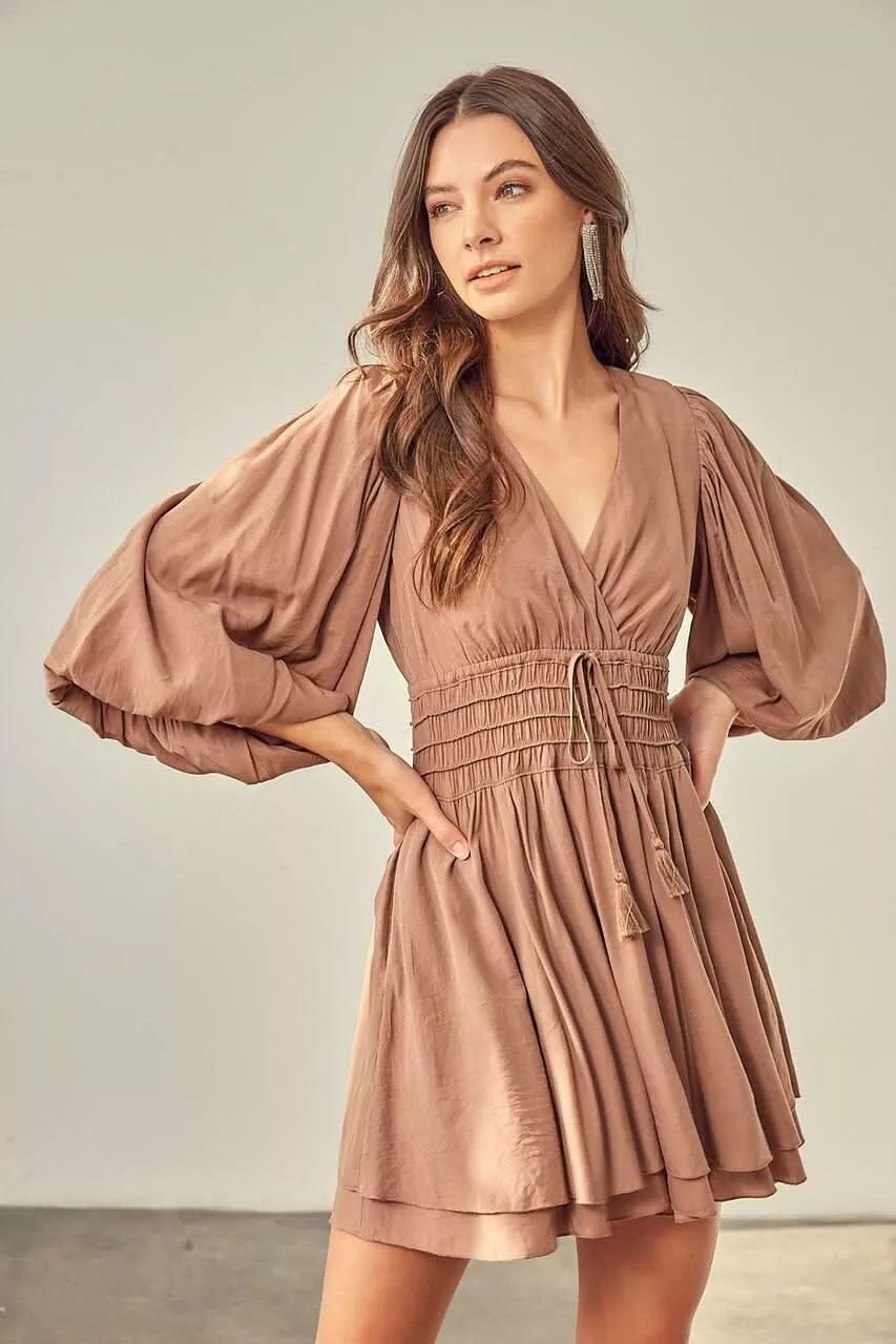 Valentina Latte Puff Sleeve Mini Dress | Boho Pink