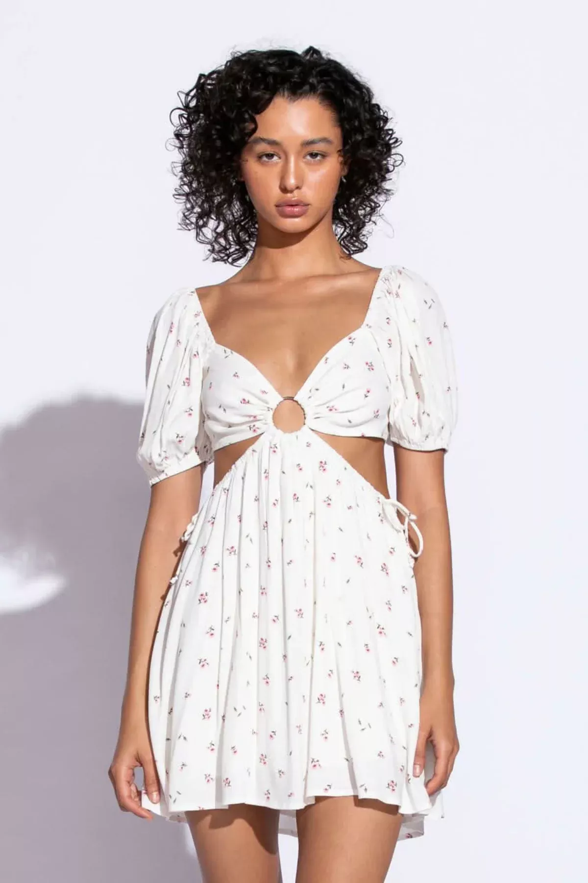 Valerie Ivory Floral Print Puff Sleeve Cutout Mini Dress | Boho Pink