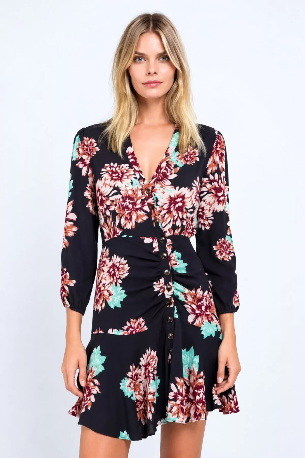 Valley Girl Black Floral Print Button-Down Mini Dress | Boho Pink