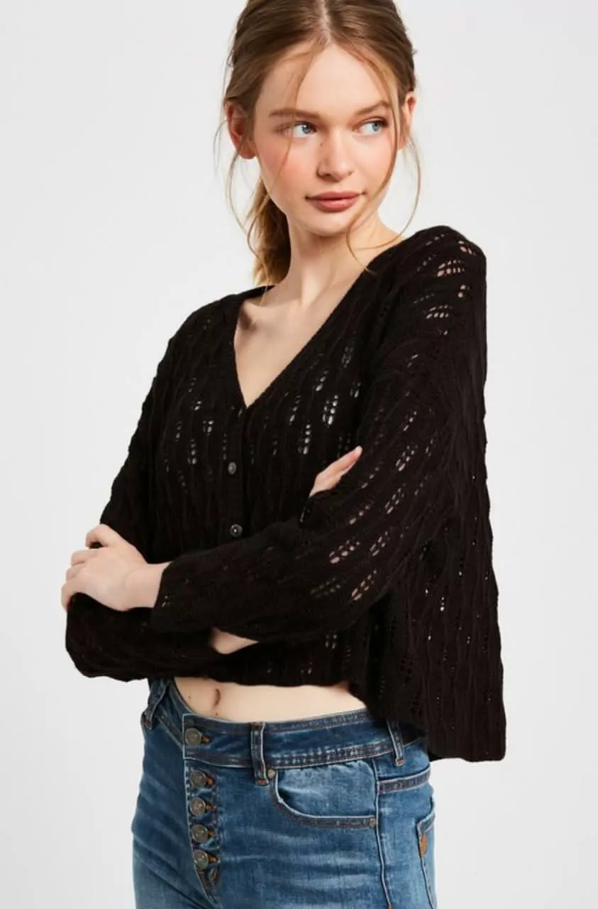 Vanessa Black Cropped Cardigan Sweater | Boho Pink
