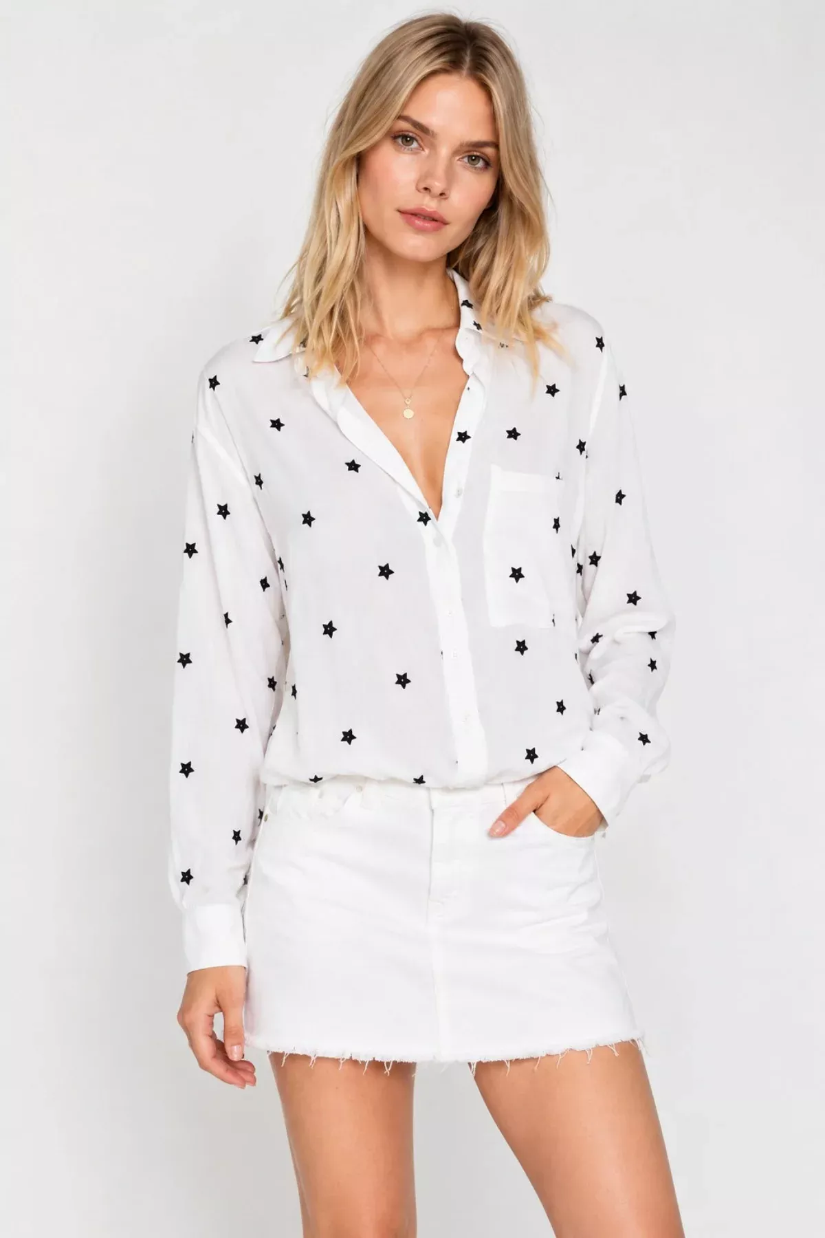 Vega White Long Sleeve Button-Up Star Print Top | Boho Pink