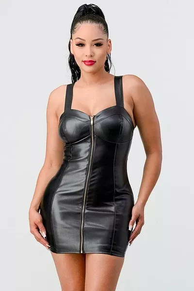 Vegan Black Zip Up Mini-Dress