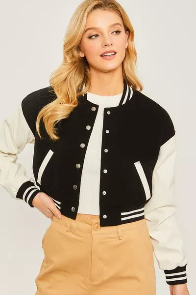 Vegan Leather Crop Baseball Jacket