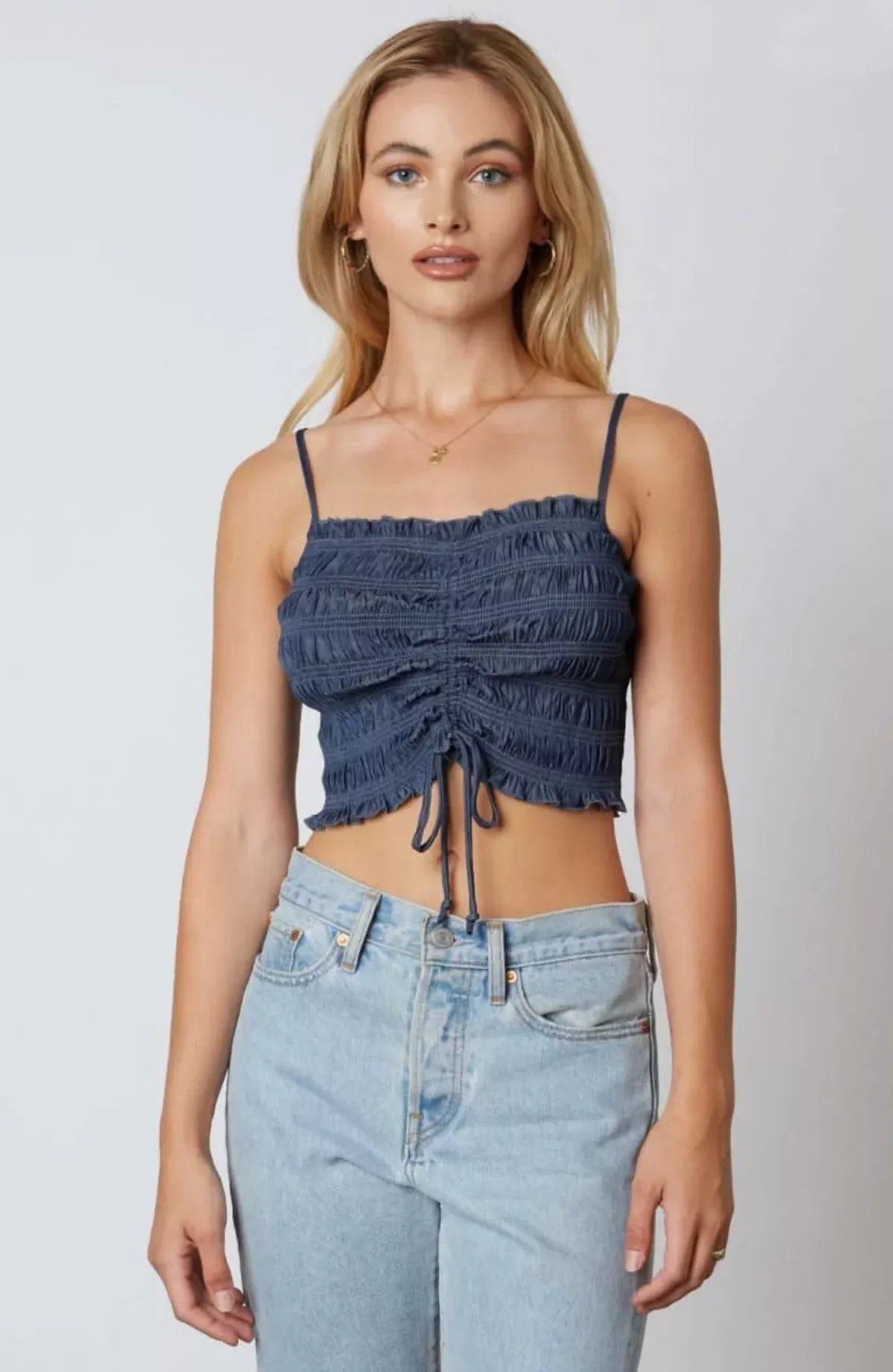 Vicky Denim Smocked Drawstring Cropped Tank Top | Boho Pink