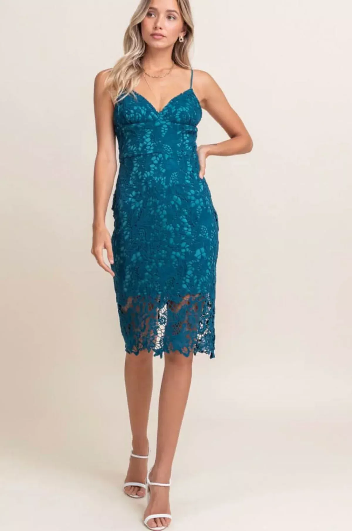 Victoria Teal Blue Crochet Lace Midi Dress | Boho Pink