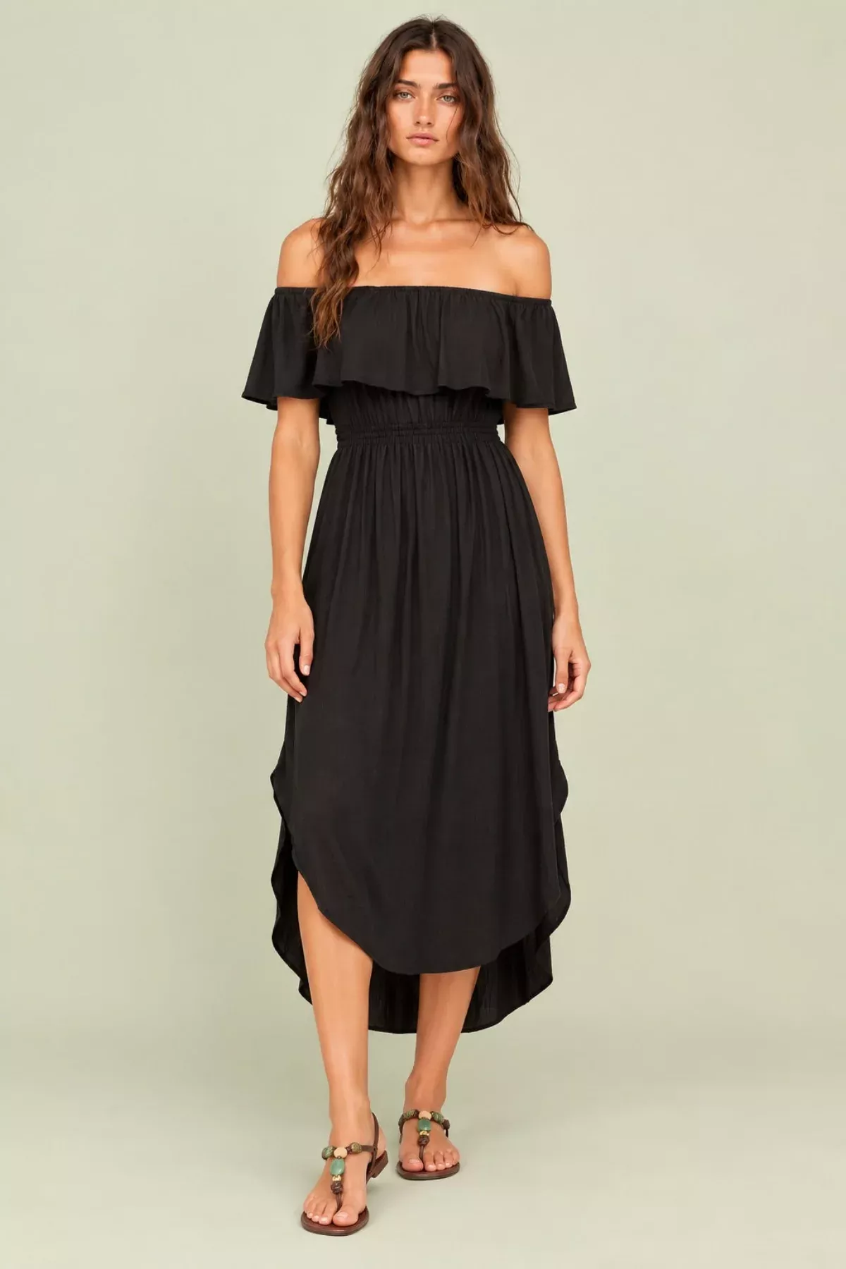 View From The Sun Black Off-the-Shoulder Midi Dress | Boho Pink