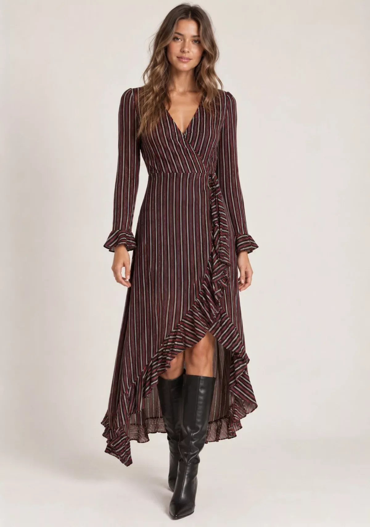 Vine Burgundy Stripe Long Sleeve Ruffle Wrap Maxi Dress | Boho Pink