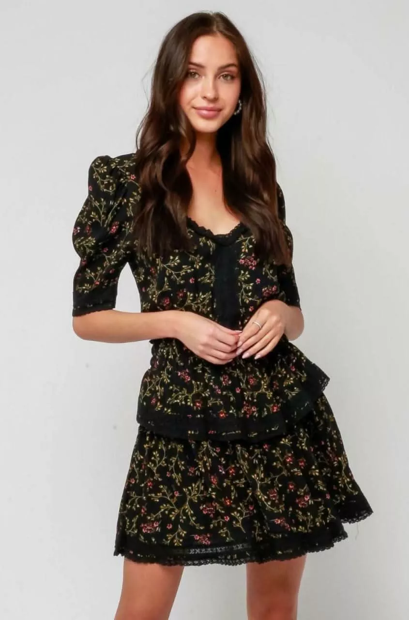 Vineyard Black Floral Print Ruffle Puff Sleeve Dress | Boho Pink