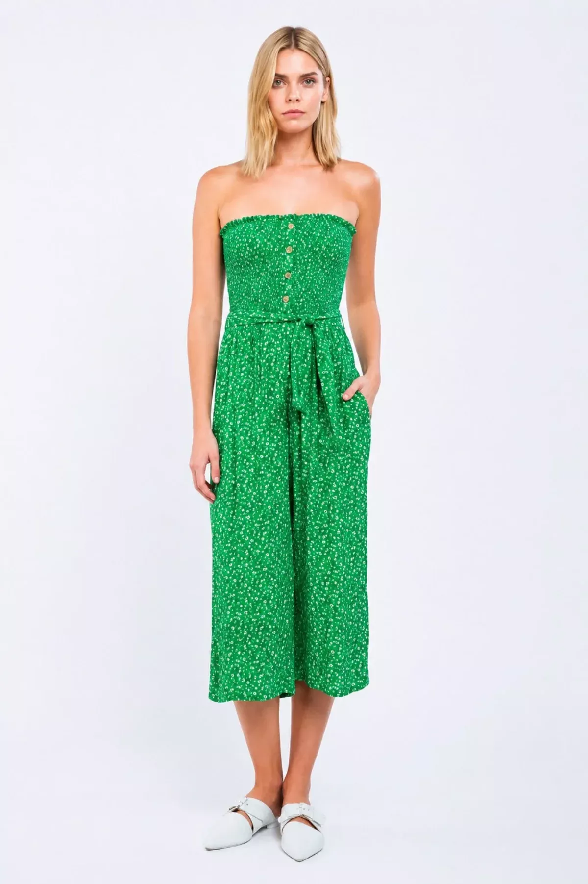 Vineyard Villa Green Floral Print Culotte Jumpsuit | Boho Pink