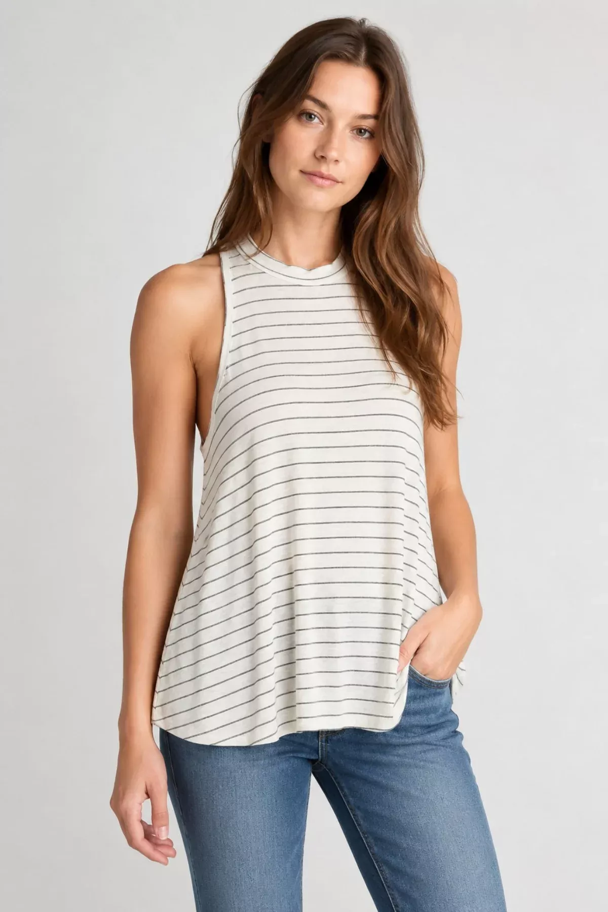 Walk The Line Ivory Striped Mock Neck Swing Top | Boho Pink