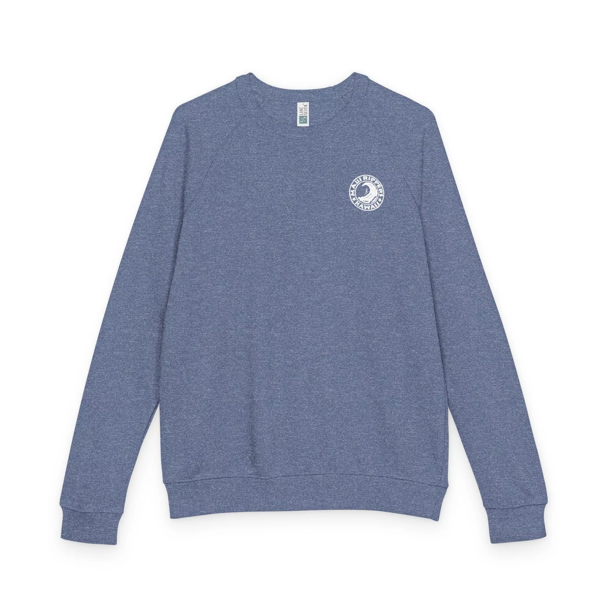 Wave Crest Logo - Heather Denim Unisex Terry Raglan Crewneck