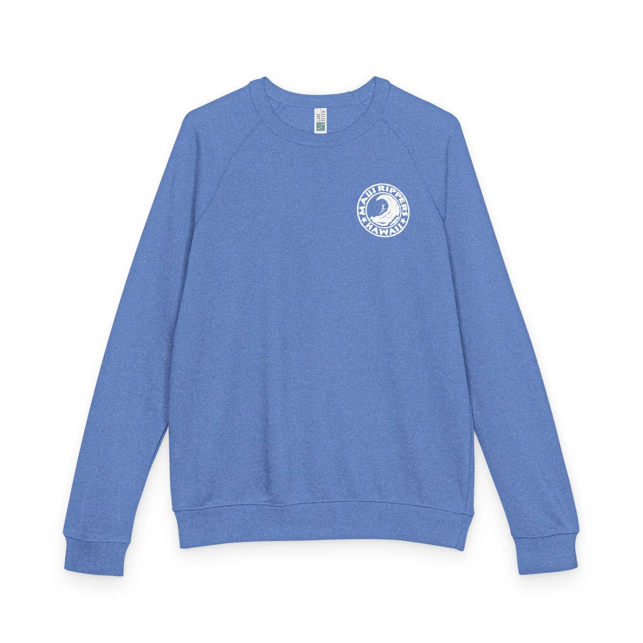 Wave Crest Logo - Heather Royal Blue Unisex Terry Raglan Crewneck