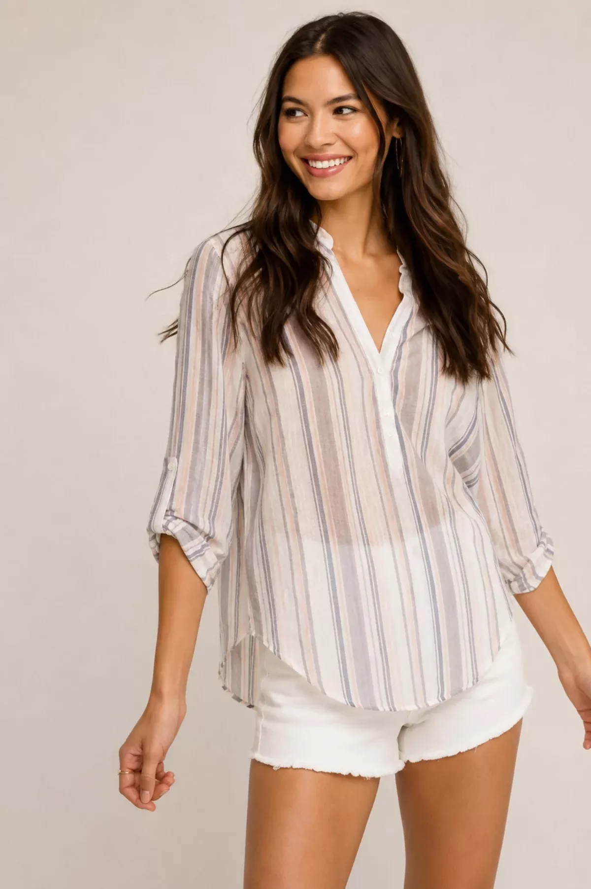 What Can I Say White Striped V-Neck Top | Boho Pink
