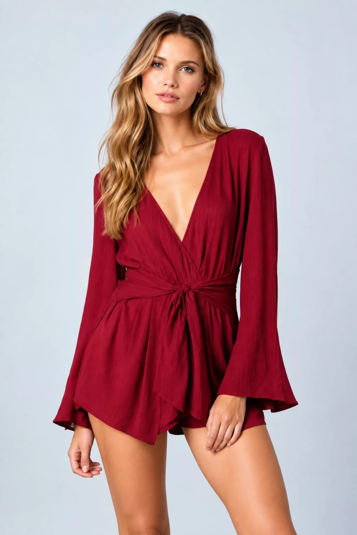 What If Red Long Sleeve Wrap Romper | Boho Pink