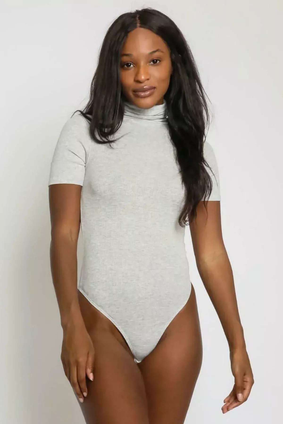 What You Want Heather Grey Short Sleeve Turtleneck Bodysuit | Boho Pink