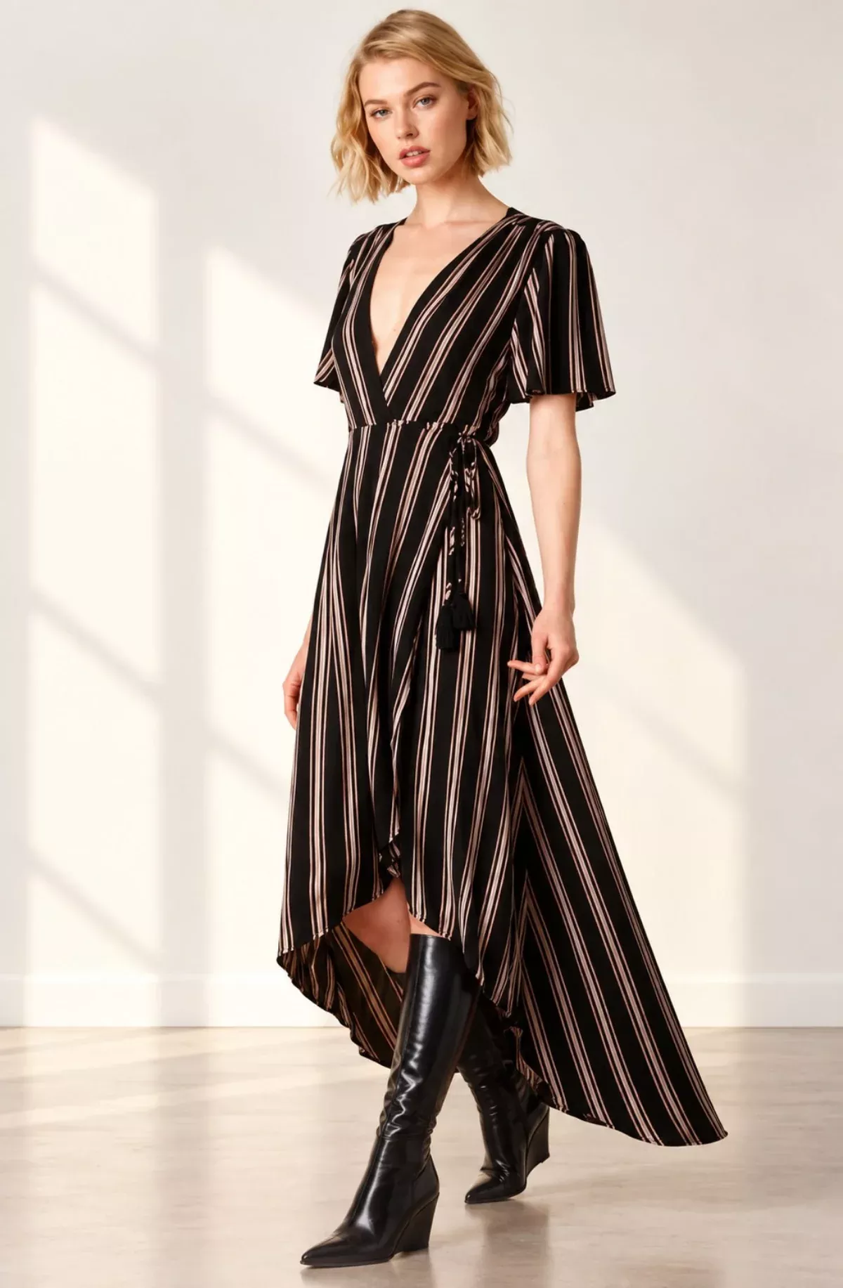 When in Rome Black Striped Wrap Maxi Dress | Boho Pink