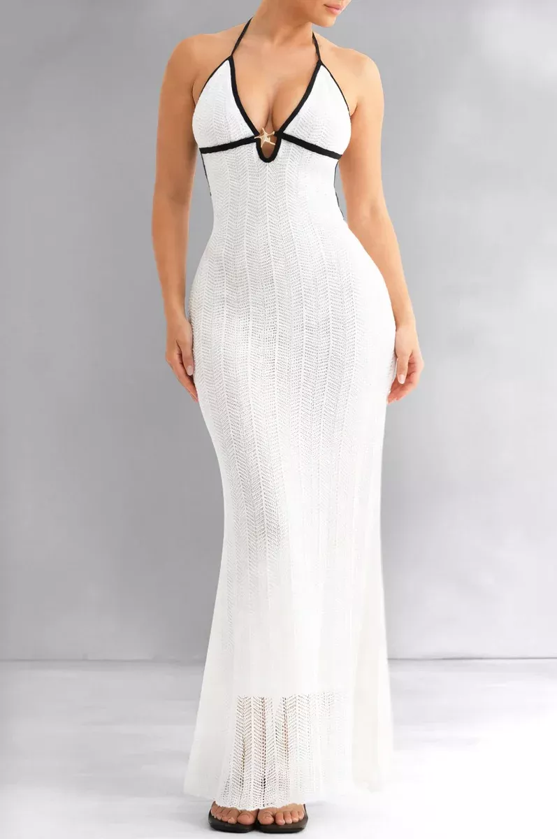 White Black Contrast Halter Knit Maxi Dress